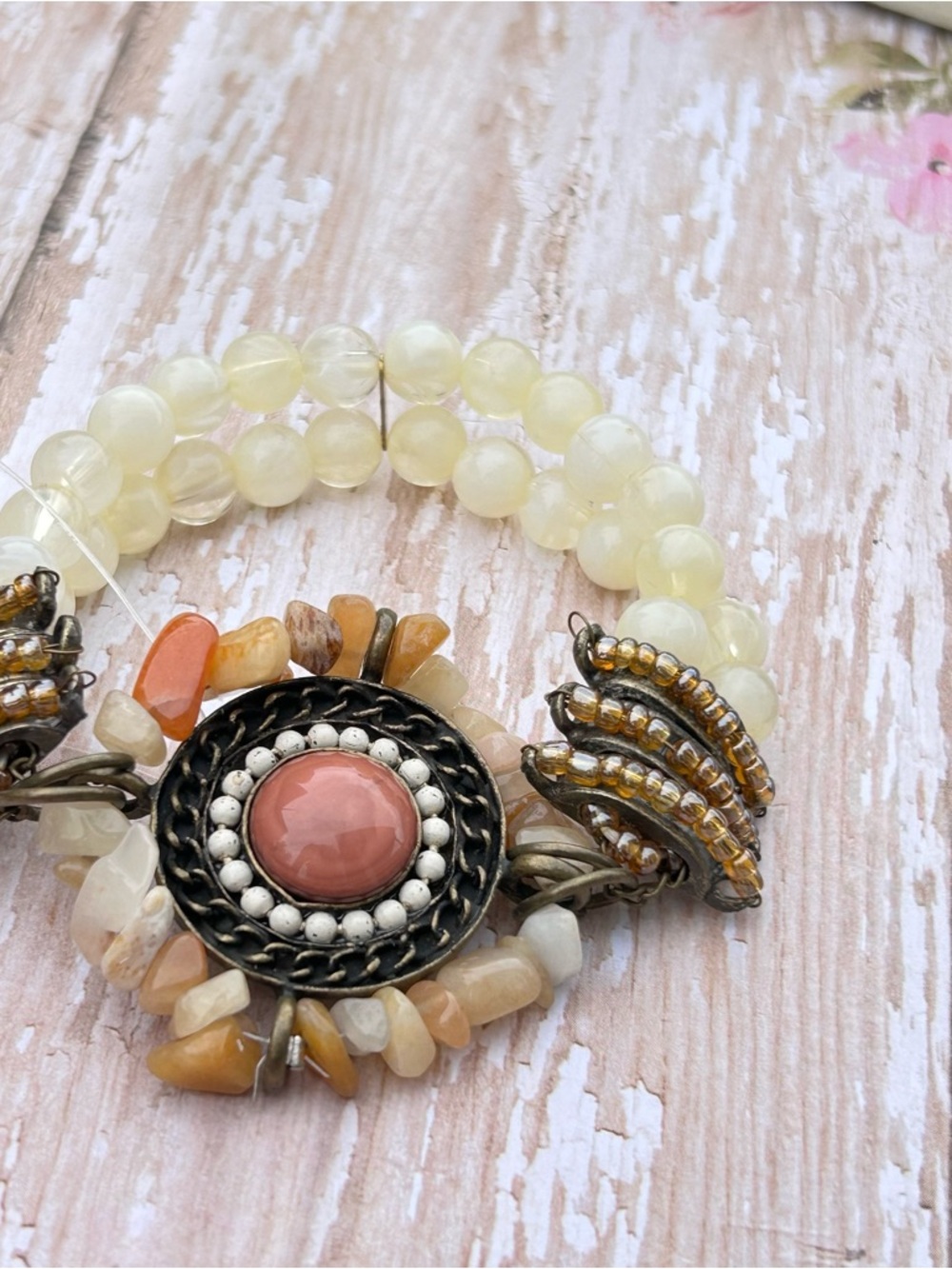 Handcrafted Multi-Strand Yellow and Coral Beaded Bracelet